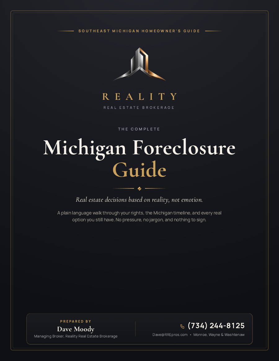 Cover of The Complete Michigan Foreclosure Guide: a dark cover with the gold Reality Real Estate Brokerage lockup, prepared by Dave Moody